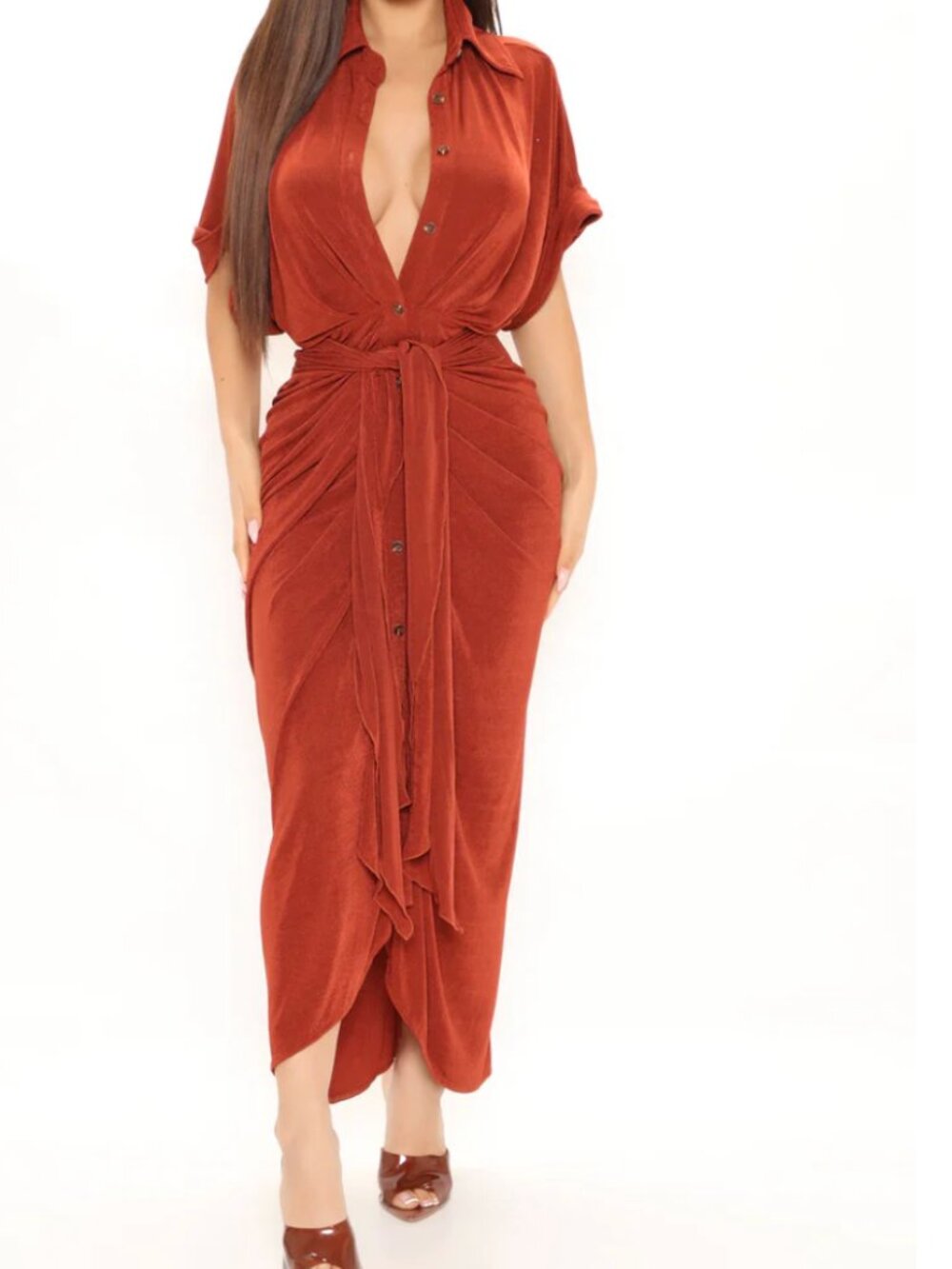 City Mood Slinky Midi Dress - Rust- XS